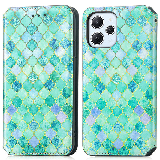 Caseneo 001 Series for Xiaomi Redmi 12 4G Pattern Printing Leather Case RFID Blocking Wallet Phone Cover - Emerald