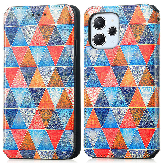 Caseneo 001 Series for Xiaomi Redmi 12 4G Pattern Printing Leather Case RFID Blocking Wallet Phone Cover - Rhombus  /  Mandala