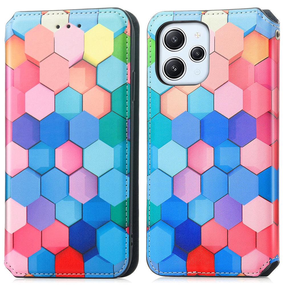 Caseneo 001 Series for Xiaomi Redmi 12 4G Pattern Printing Leather Case RFID Blocking Wallet Phone Cover - Colorful Honeycomb