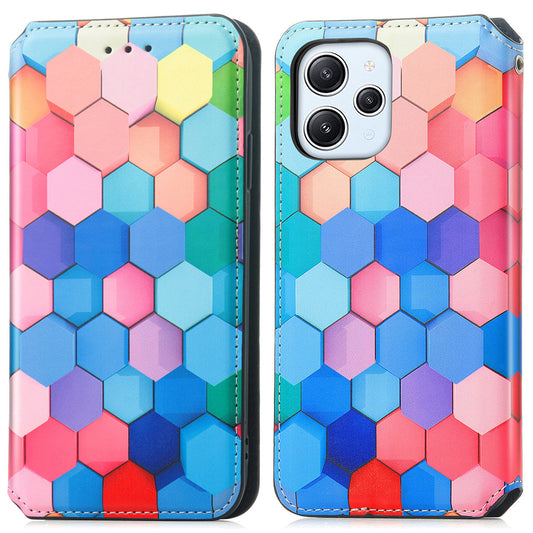 Caseneo 001 Series for Xiaomi Redmi 12 4G Pattern Printing Leather Case RFID Blocking Wallet Phone Cover - Colorful Honeycomb