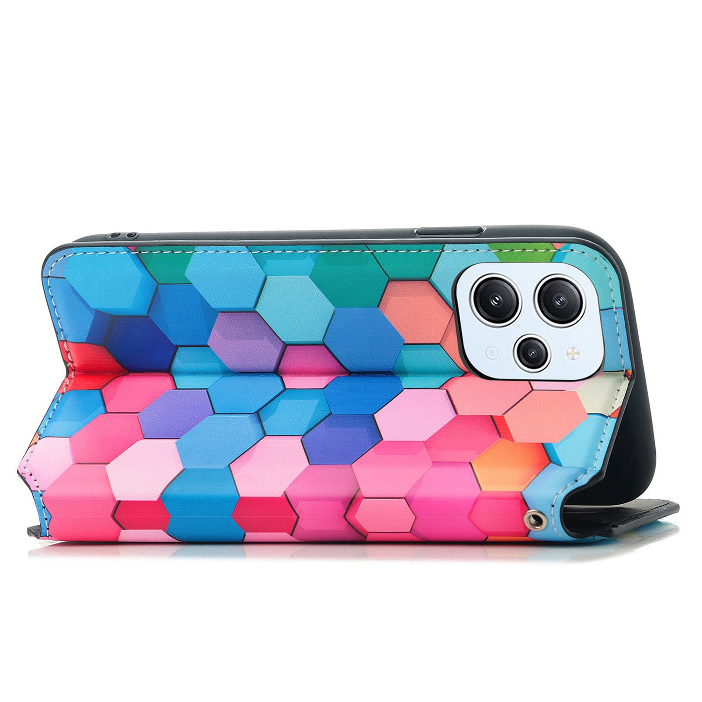 Caseneo 001 Series for Xiaomi Redmi 12 4G Pattern Printing Leather Case RFID Blocking Wallet Phone Cover - Colorful Honeycomb