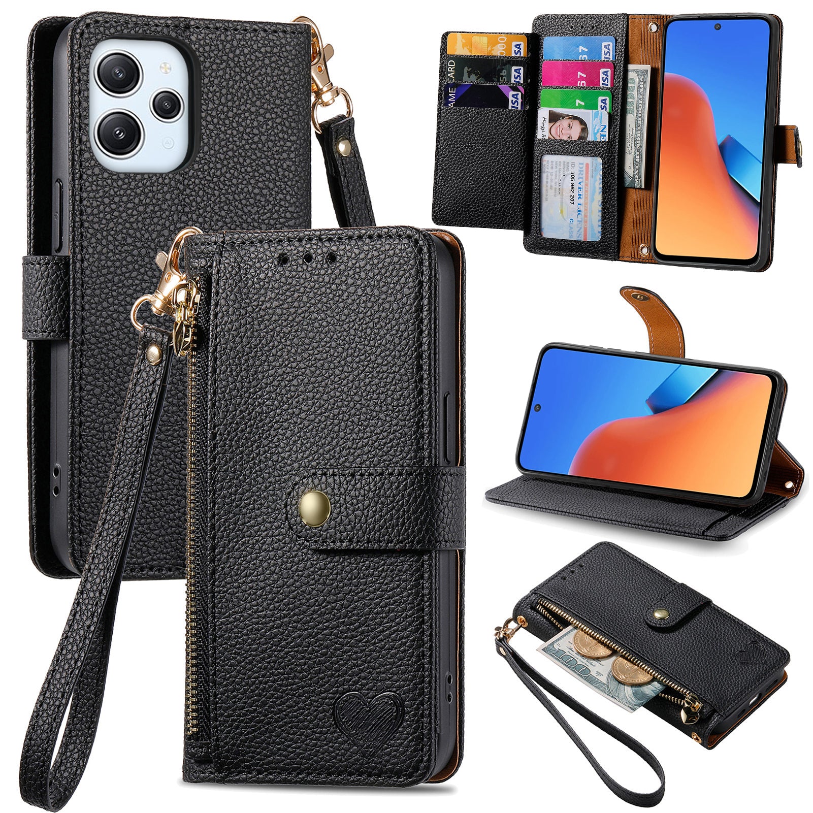 Zipper Pocket Phone Case for Xiaomi Redmi 12 4G , RFID Blocking PU Leather Wallet Stand Cover - Black