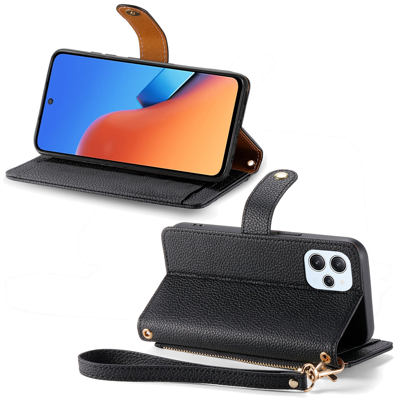 Zipper Pocket Phone Case for Xiaomi Redmi 12 4G , RFID Blocking PU Leather Wallet Stand Cover - Black