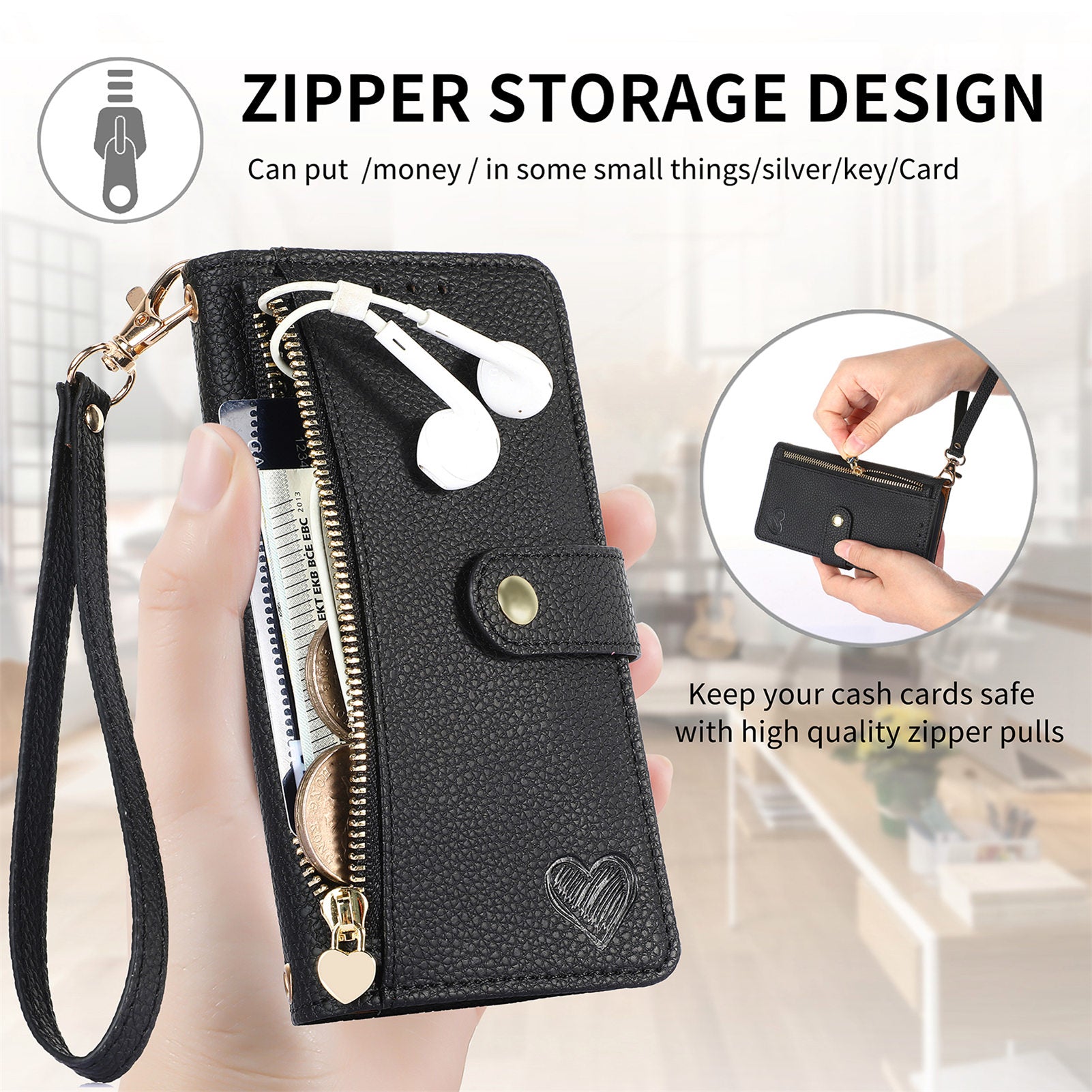 Zipper Pocket Phone Case for Xiaomi Redmi 12 4G , RFID Blocking PU Leather Wallet Stand Cover - Black
