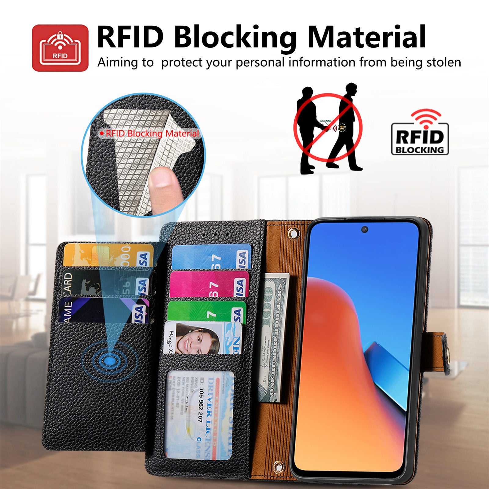 Zipper Pocket Phone Case for Xiaomi Redmi 12 4G , RFID Blocking PU Leather Wallet Stand Cover - Black
