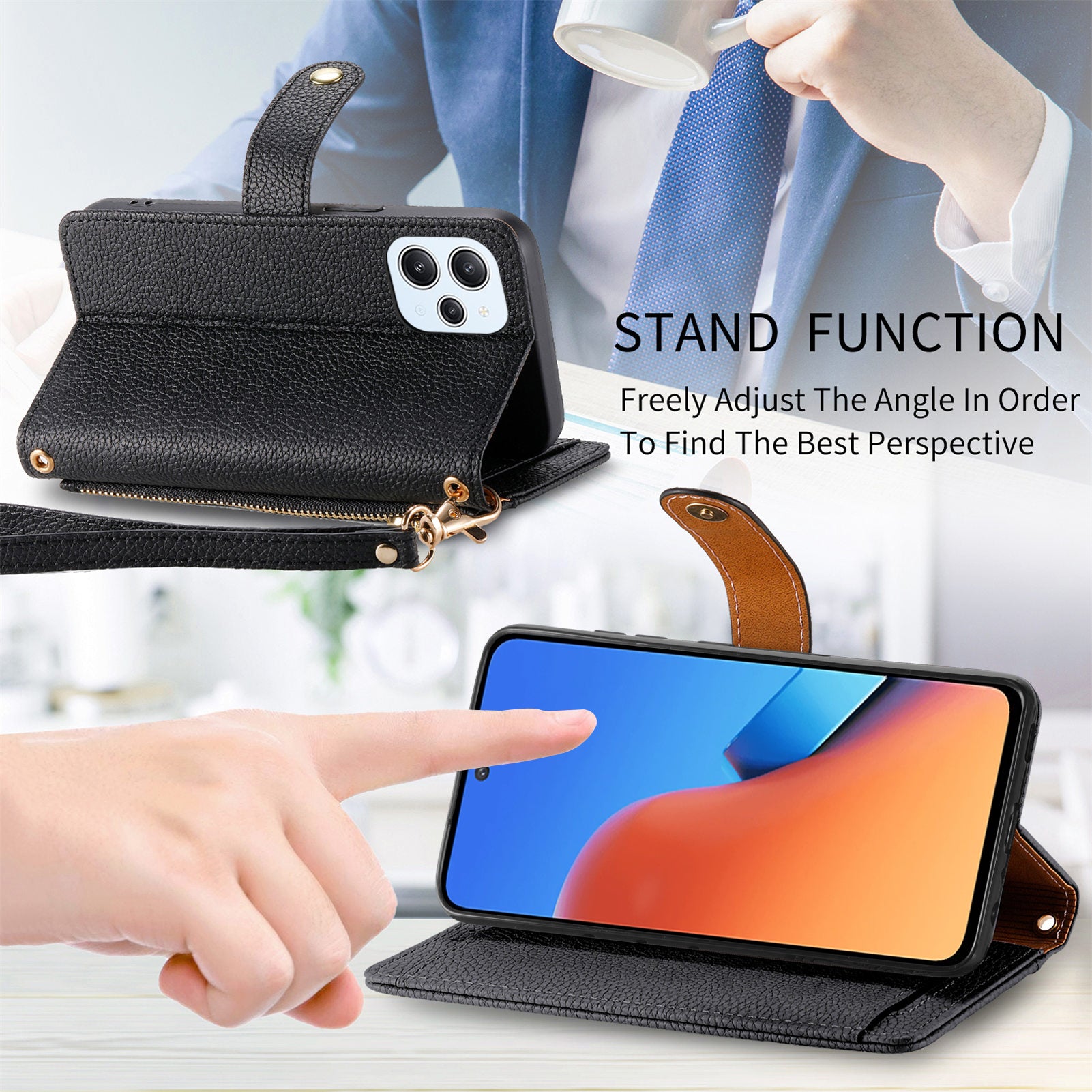Zipper Pocket Phone Case for Xiaomi Redmi 12 4G , RFID Blocking PU Leather Wallet Stand Cover - Black