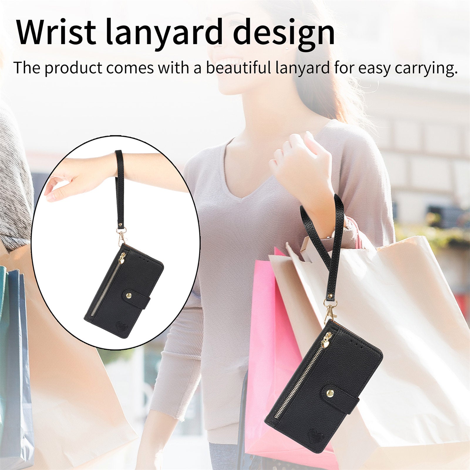 Zipper Pocket Phone Case for Xiaomi Redmi 12 4G , RFID Blocking PU Leather Wallet Stand Cover - Black