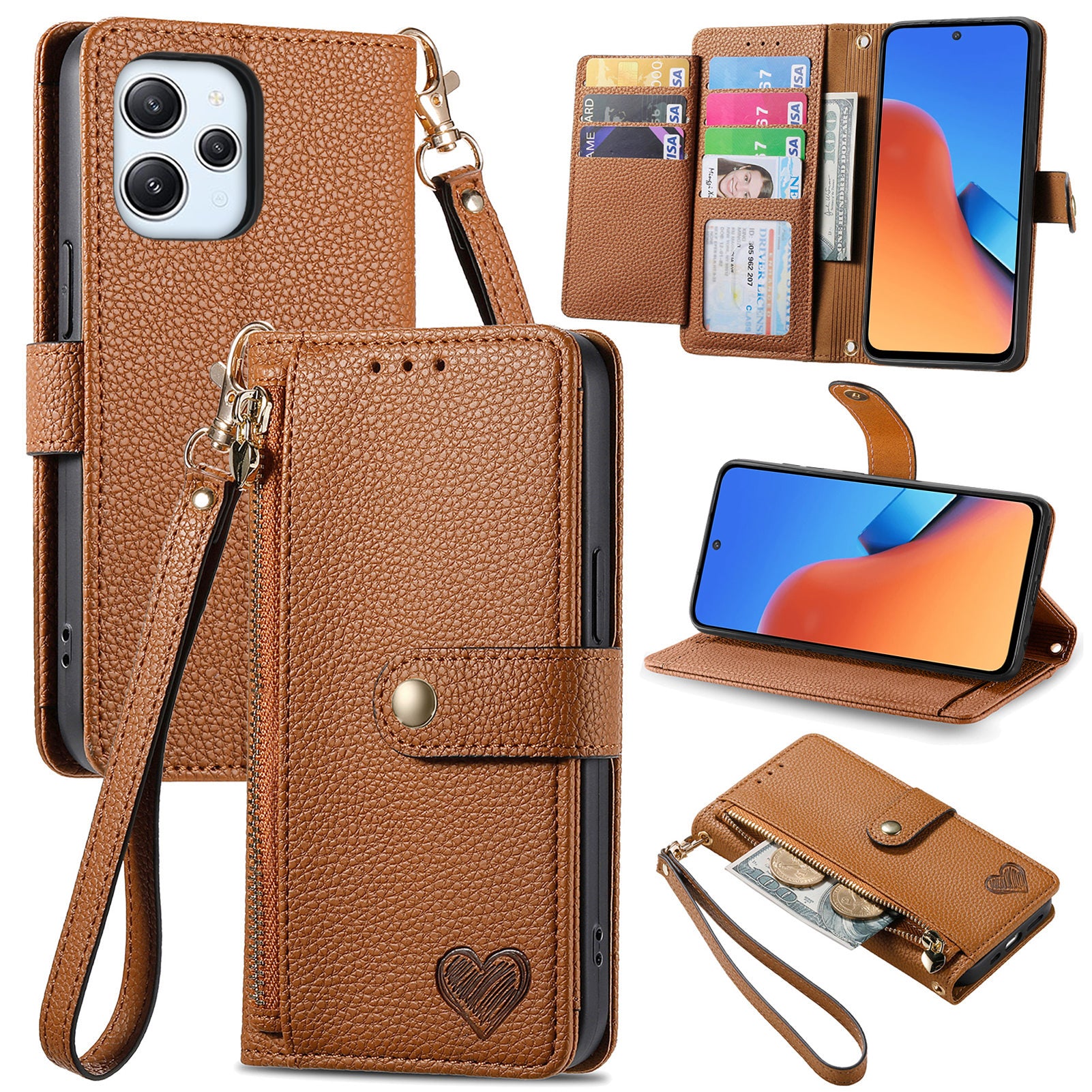 Zipper Pocket Phone Case for Xiaomi Redmi 12 4G , RFID Blocking PU Leather Wallet Stand Cover - Brown