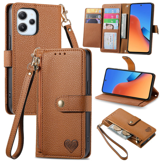 Zipper Pocket Phone Case for Xiaomi Redmi 12 4G , RFID Blocking PU Leather Wallet Stand Cover - Brown