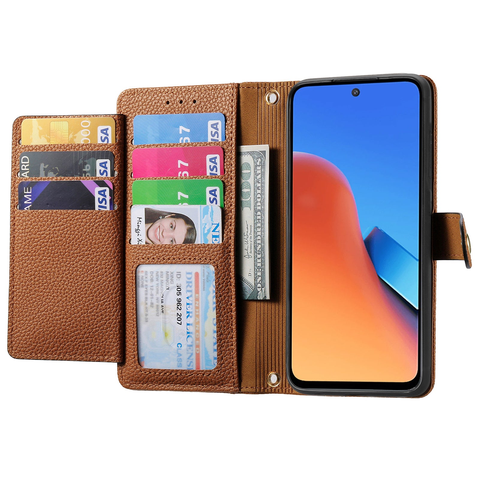 Zipper Pocket Phone Case for Xiaomi Redmi 12 4G , RFID Blocking PU Leather Wallet Stand Cover - Brown