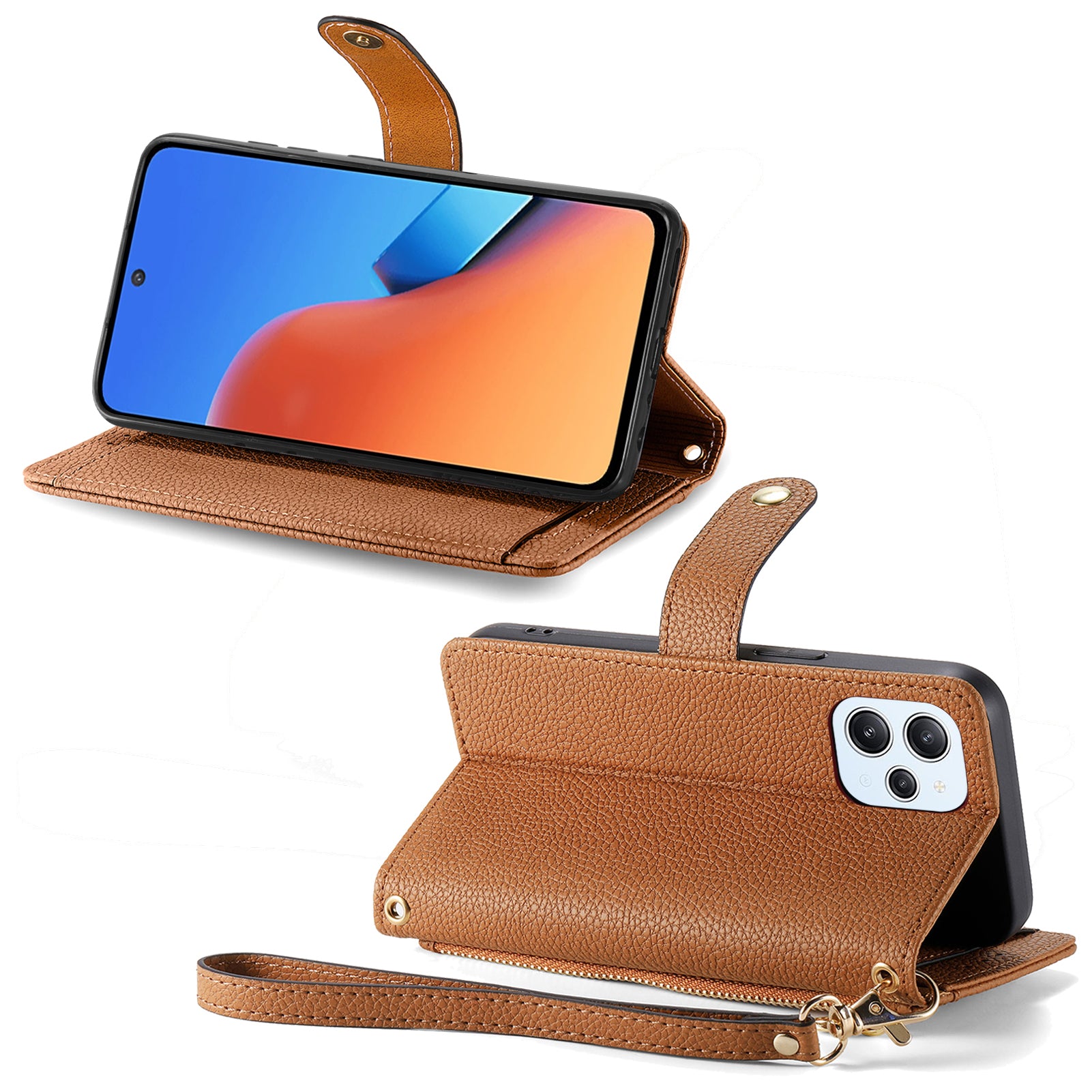 Zipper Pocket Phone Case for Xiaomi Redmi 12 4G , RFID Blocking PU Leather Wallet Stand Cover - Brown