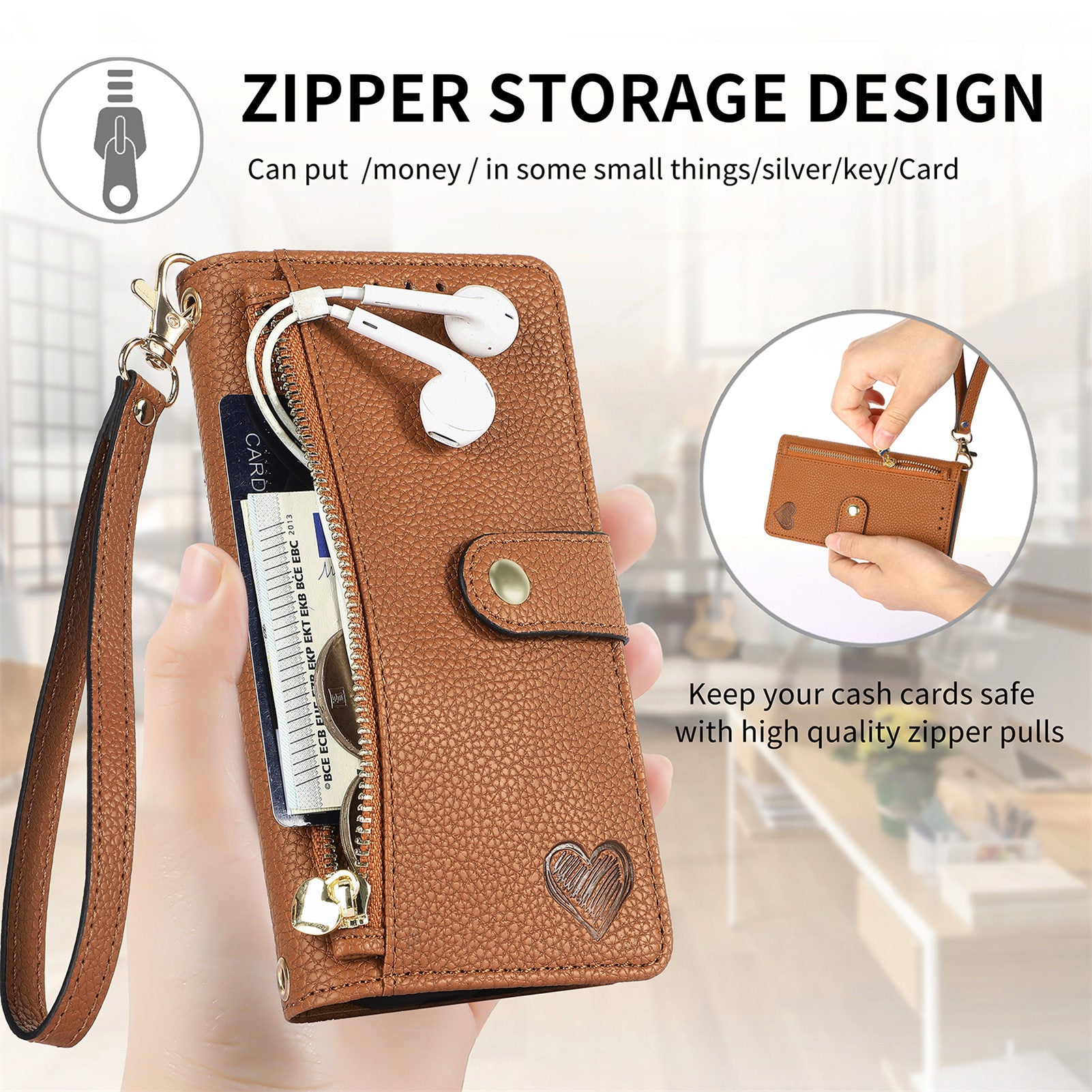 Zipper Pocket Phone Case for Xiaomi Redmi 12 4G , RFID Blocking PU Leather Wallet Stand Cover - Brown