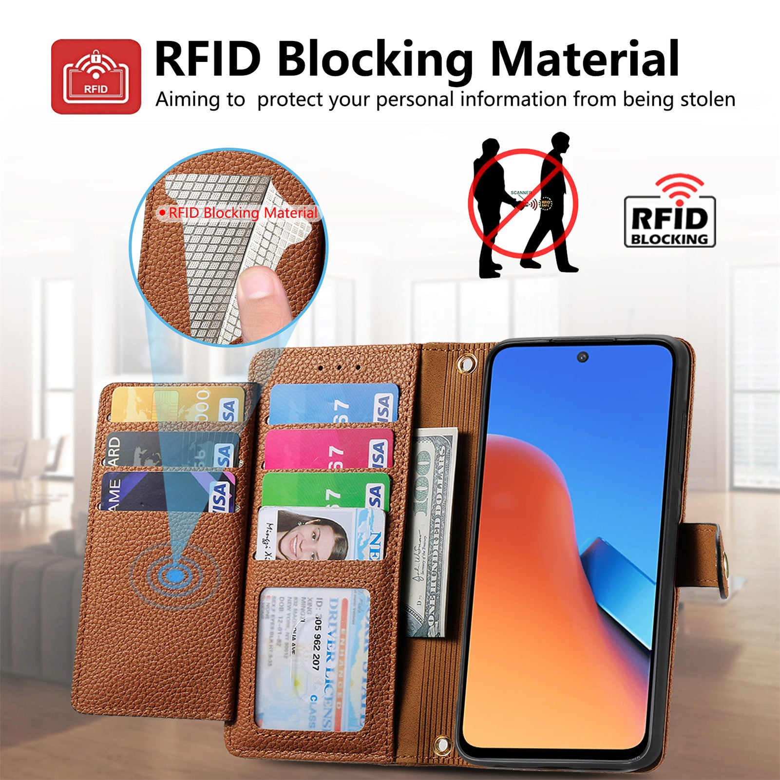 Zipper Pocket Phone Case for Xiaomi Redmi 12 4G , RFID Blocking PU Leather Wallet Stand Cover - Brown