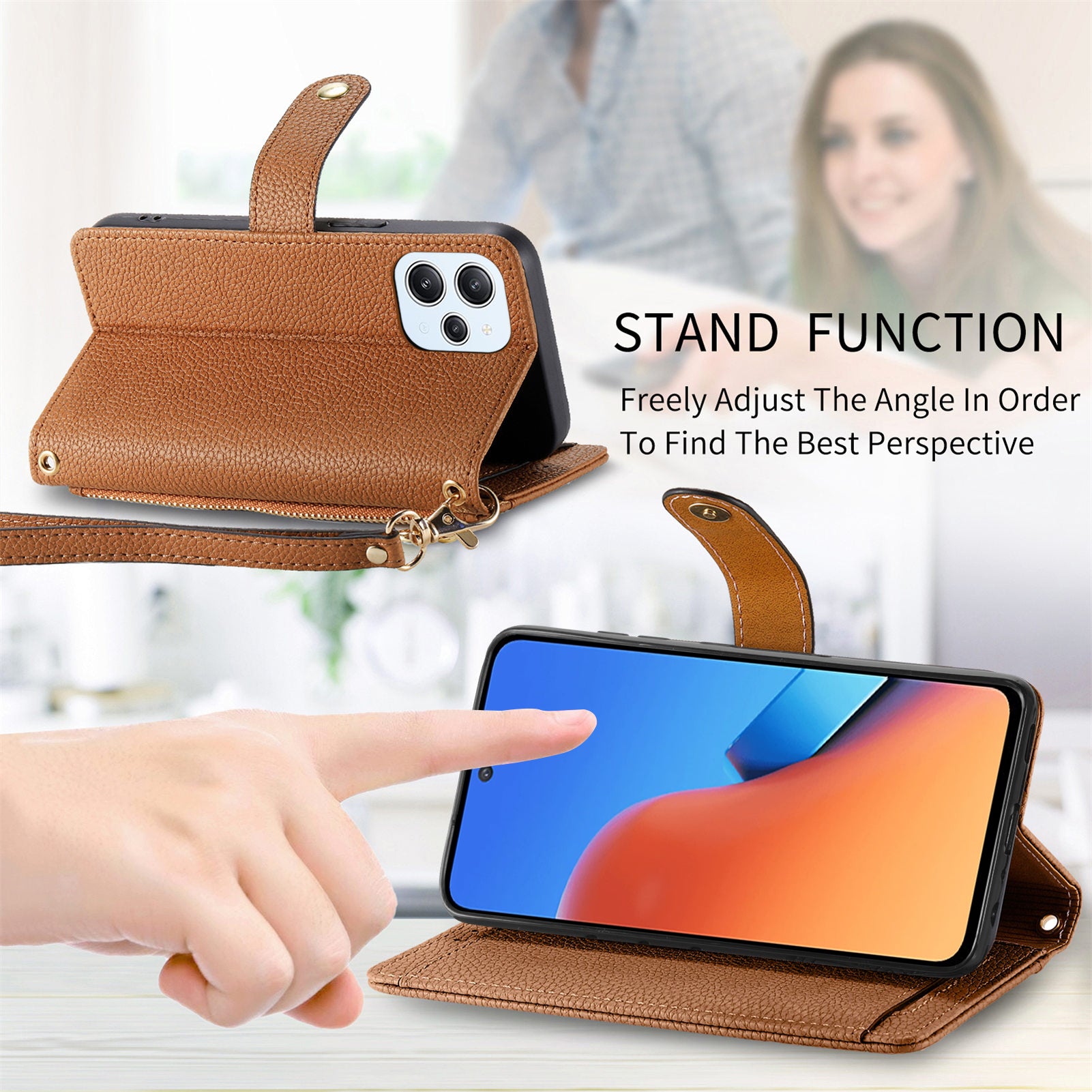 Zipper Pocket Phone Case for Xiaomi Redmi 12 4G , RFID Blocking PU Leather Wallet Stand Cover - Brown