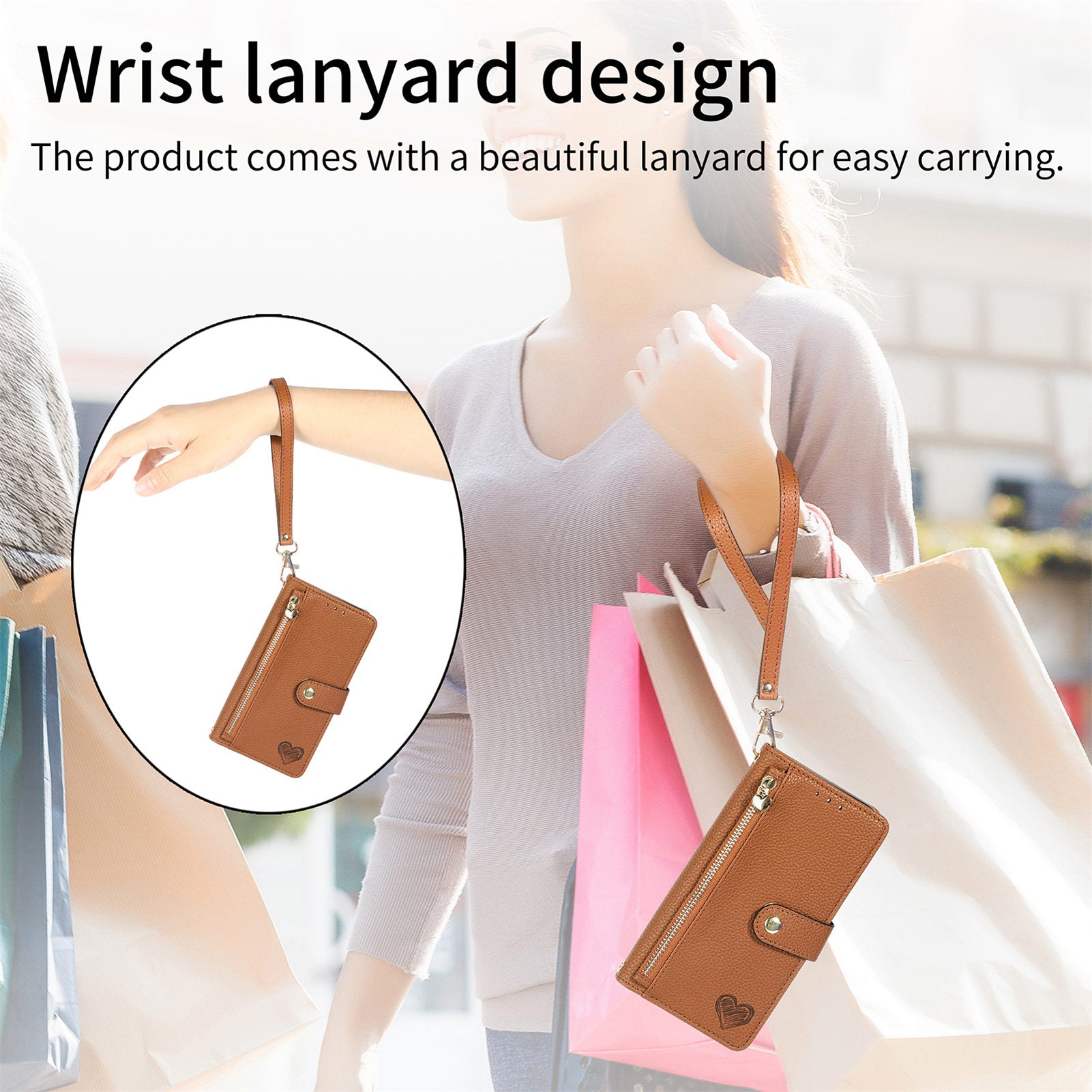 Zipper Pocket Phone Case for Xiaomi Redmi 12 4G , RFID Blocking PU Leather Wallet Stand Cover - Brown