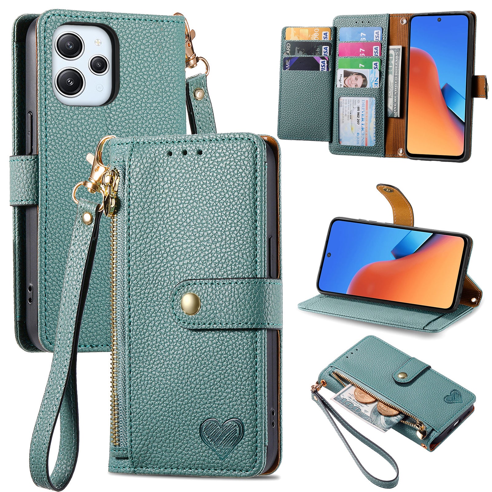Zipper Pocket Phone Case for Xiaomi Redmi 12 4G , RFID Blocking PU Leather Wallet Stand Cover - Green