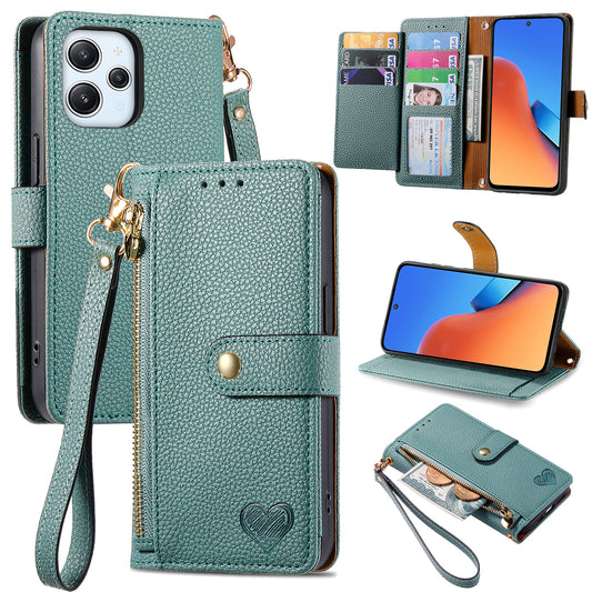 Zipper Pocket Phone Case for Xiaomi Redmi 12 4G , RFID Blocking PU Leather Wallet Stand Cover - Green
