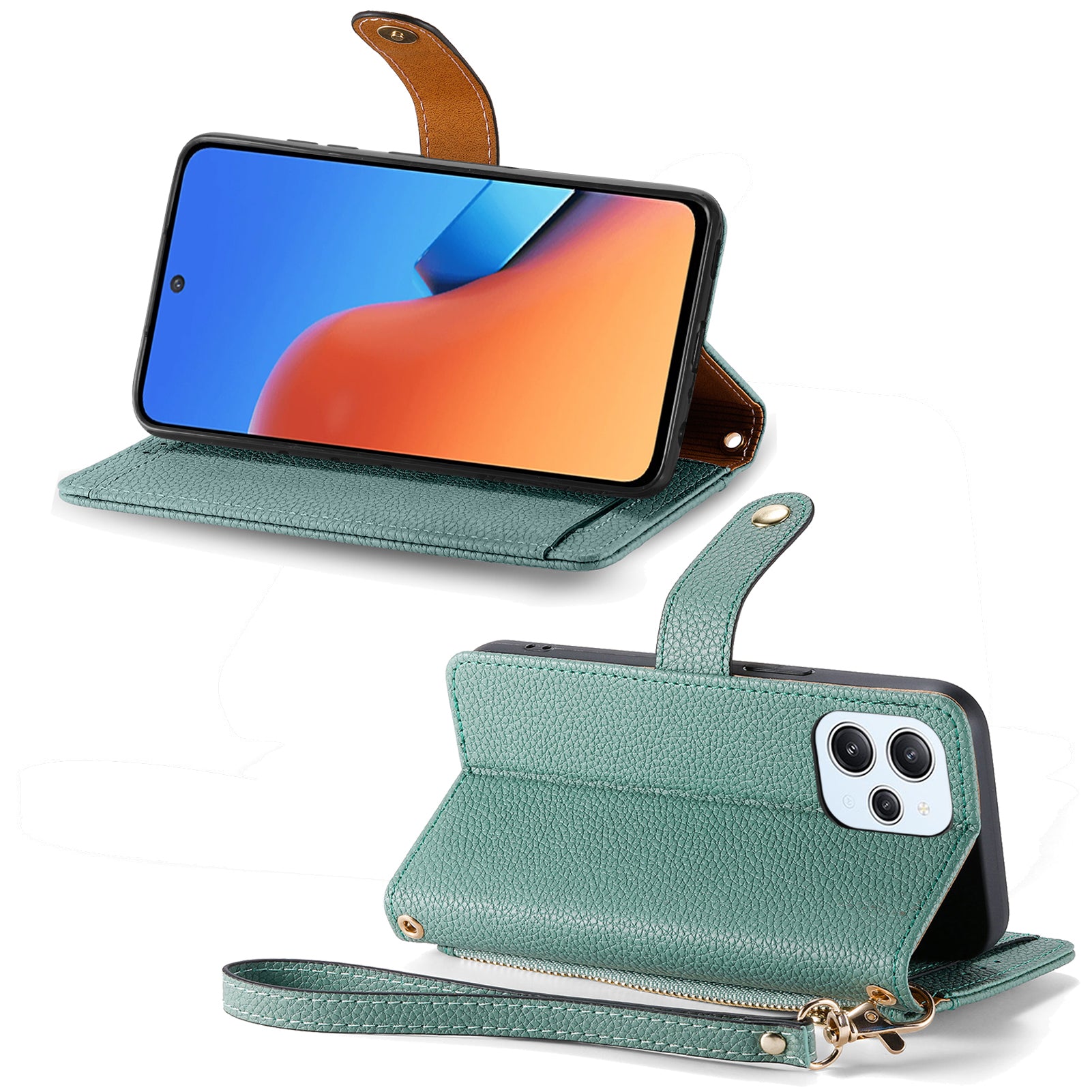 Zipper Pocket Phone Case for Xiaomi Redmi 12 4G , RFID Blocking PU Leather Wallet Stand Cover - Green