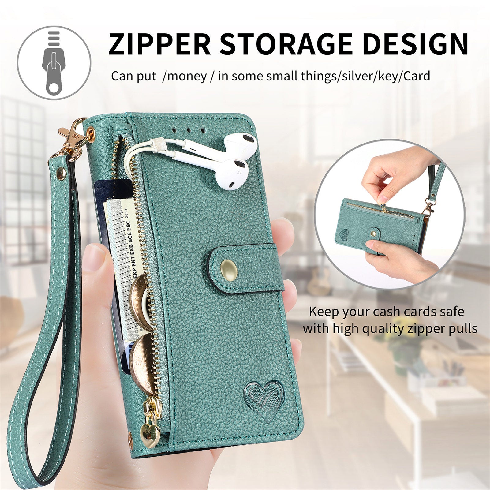 Zipper Pocket Phone Case for Xiaomi Redmi 12 4G , RFID Blocking PU Leather Wallet Stand Cover - Green