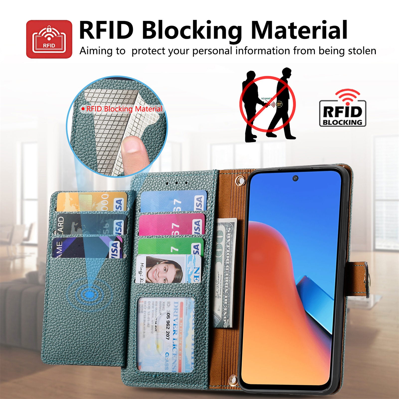 Zipper Pocket Phone Case for Xiaomi Redmi 12 4G , RFID Blocking PU Leather Wallet Stand Cover - Green