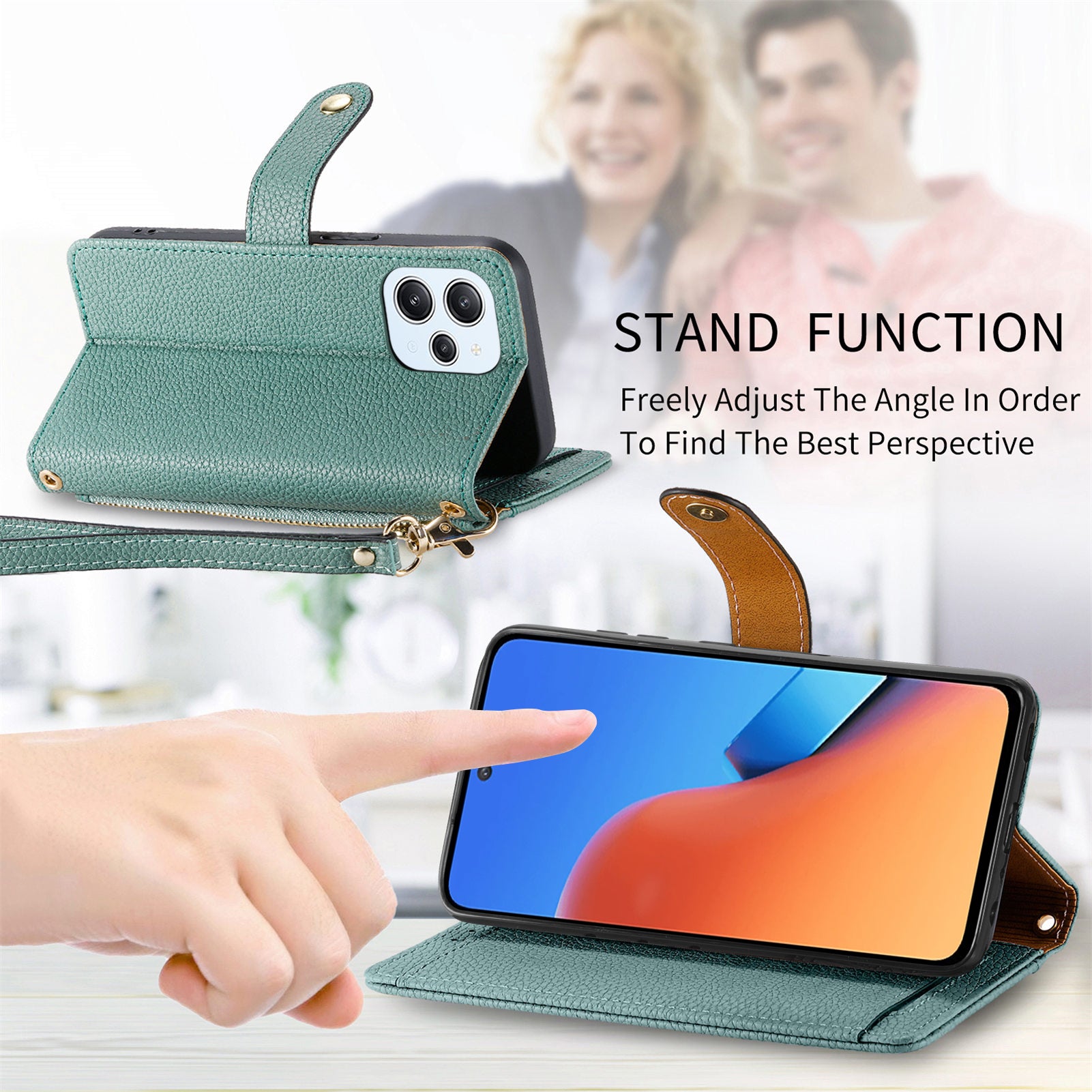 Zipper Pocket Phone Case for Xiaomi Redmi 12 4G , RFID Blocking PU Leather Wallet Stand Cover - Green