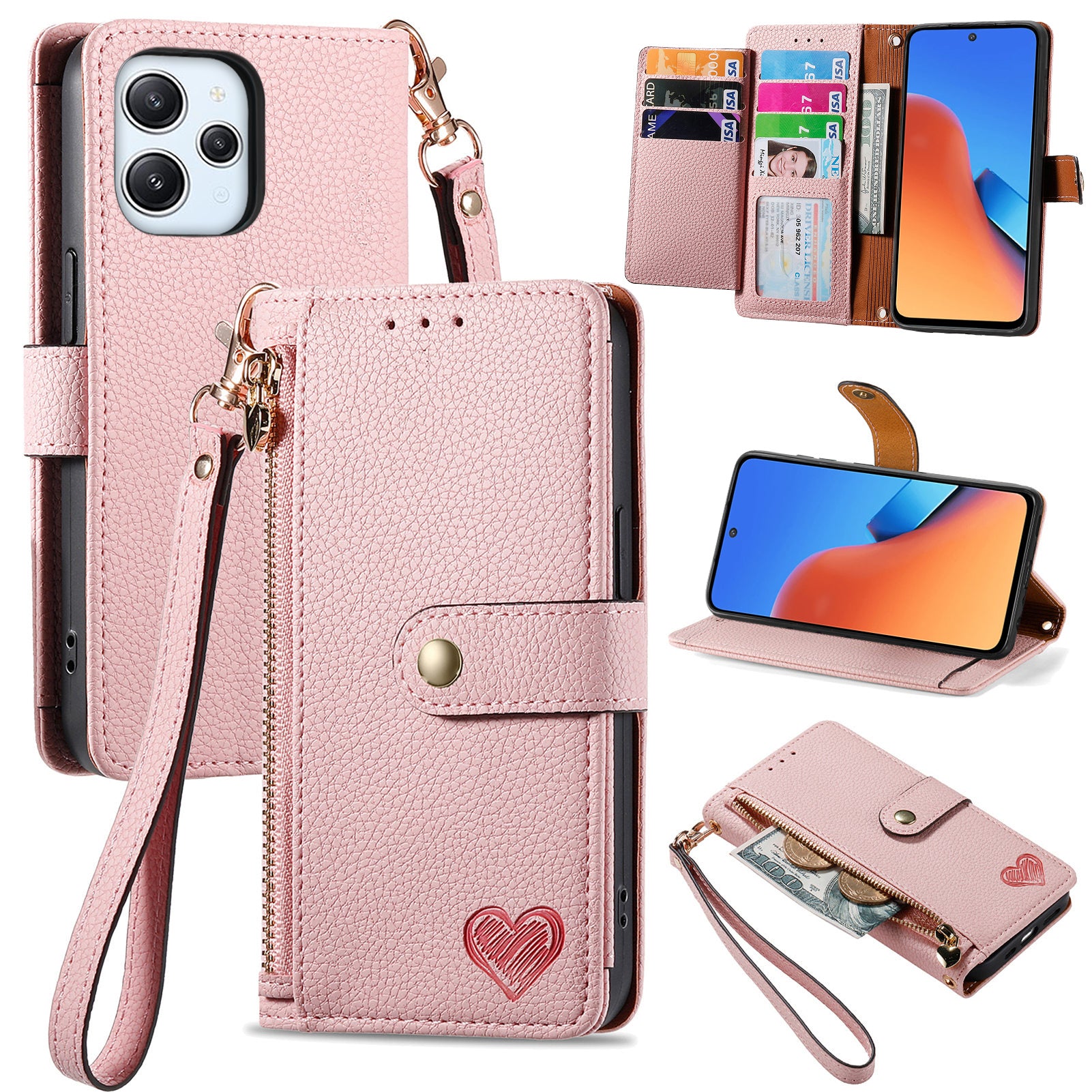 Zipper Pocket Phone Case for Xiaomi Redmi 12 4G , RFID Blocking PU Leather Wallet Stand Cover - Pink