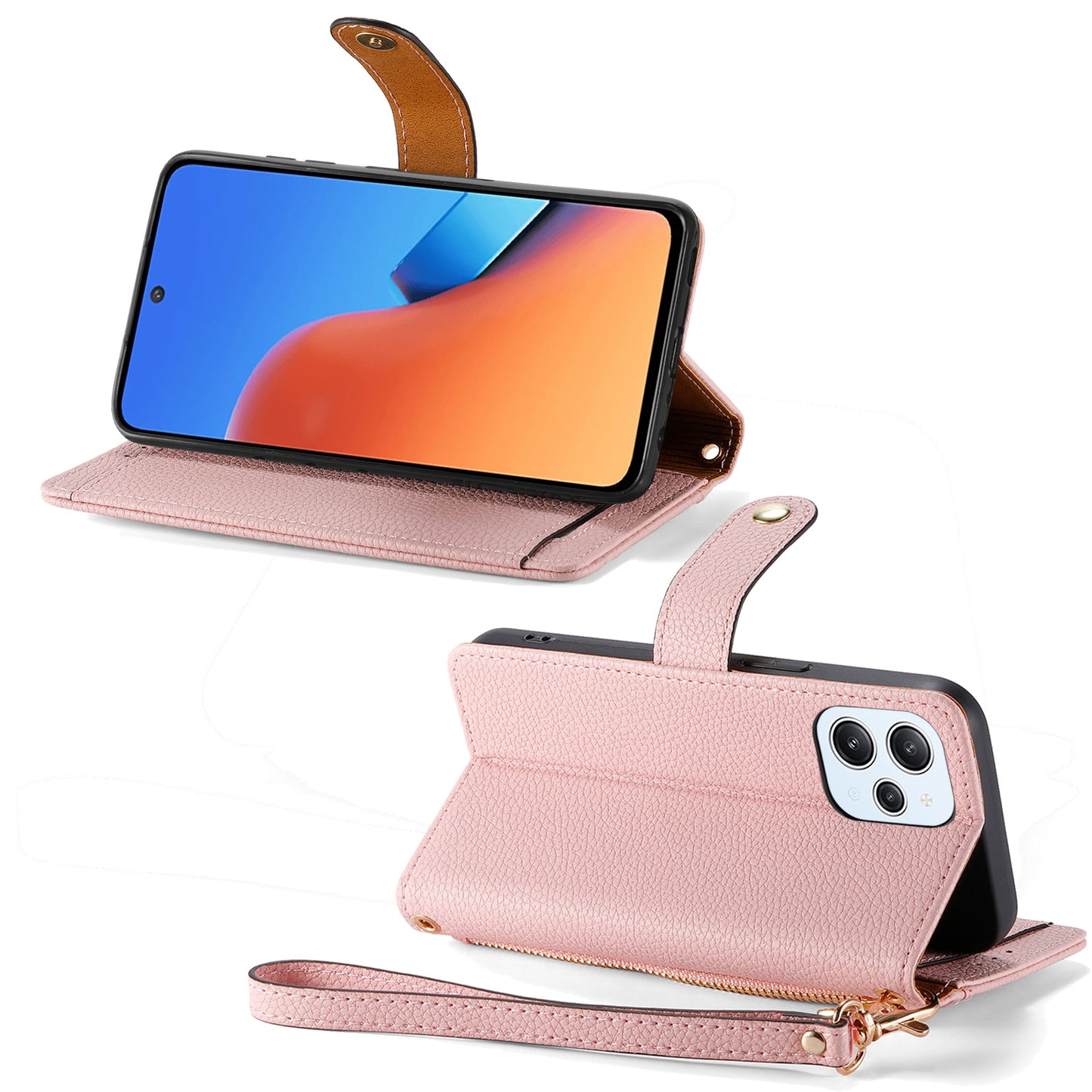 Zipper Pocket Phone Case for Xiaomi Redmi 12 4G , RFID Blocking PU Leather Wallet Stand Cover - Pink