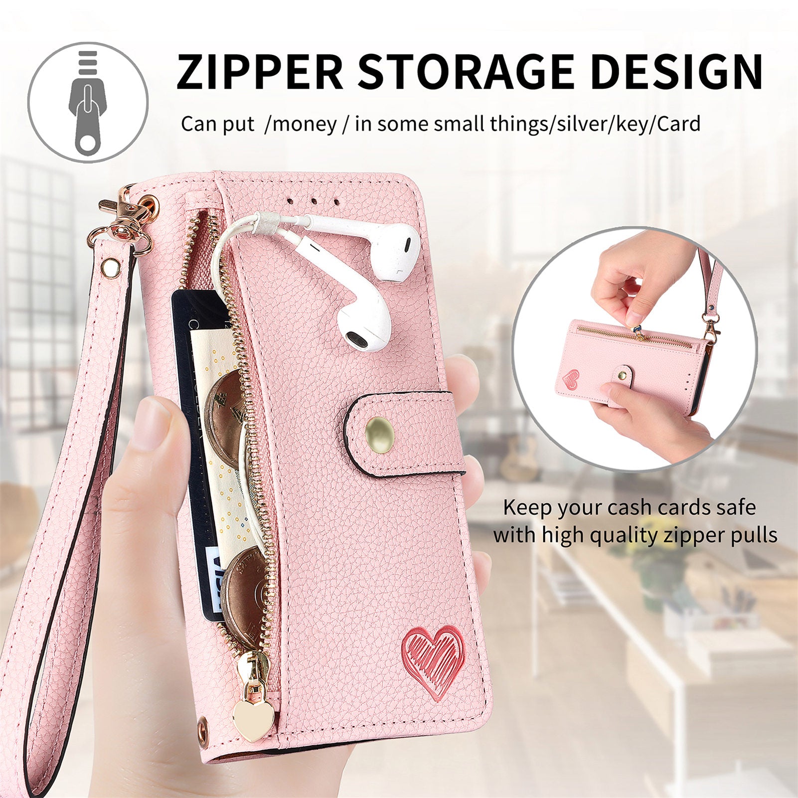 Zipper Pocket Phone Case for Xiaomi Redmi 12 4G , RFID Blocking PU Leather Wallet Stand Cover - Pink