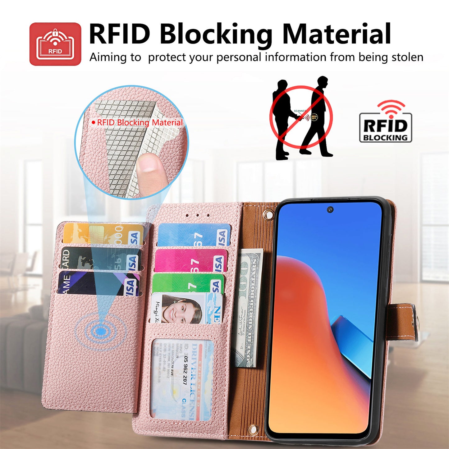 Zipper Pocket Phone Case for Xiaomi Redmi 12 4G , RFID Blocking PU Leather Wallet Stand Cover - Pink