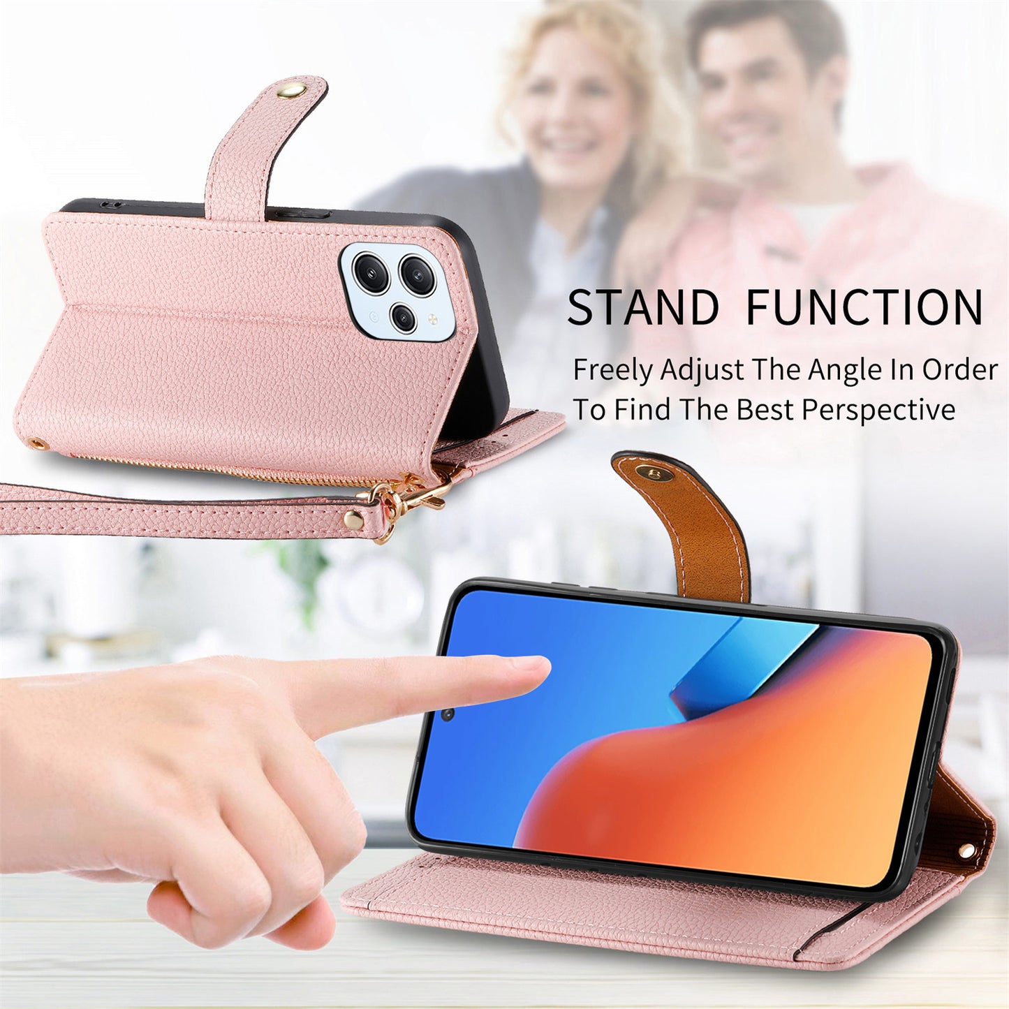 Zipper Pocket Phone Case for Xiaomi Redmi 12 4G , RFID Blocking PU Leather Wallet Stand Cover - Pink