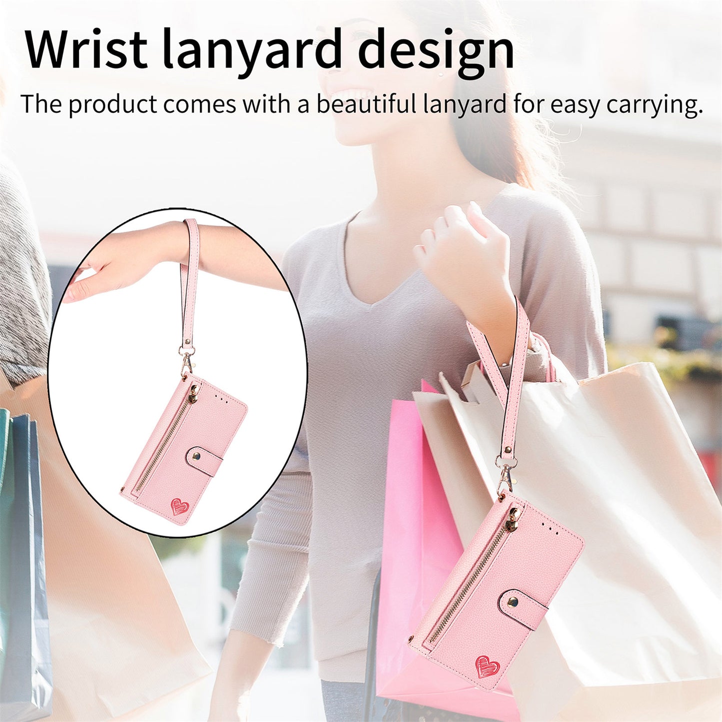 Zipper Pocket Phone Case for Xiaomi Redmi 12 4G , RFID Blocking PU Leather Wallet Stand Cover - Pink