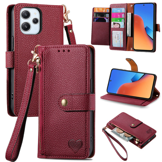 Zipper Pocket Phone Case for Xiaomi Redmi 12 4G , RFID Blocking PU Leather Wallet Stand Cover - Red