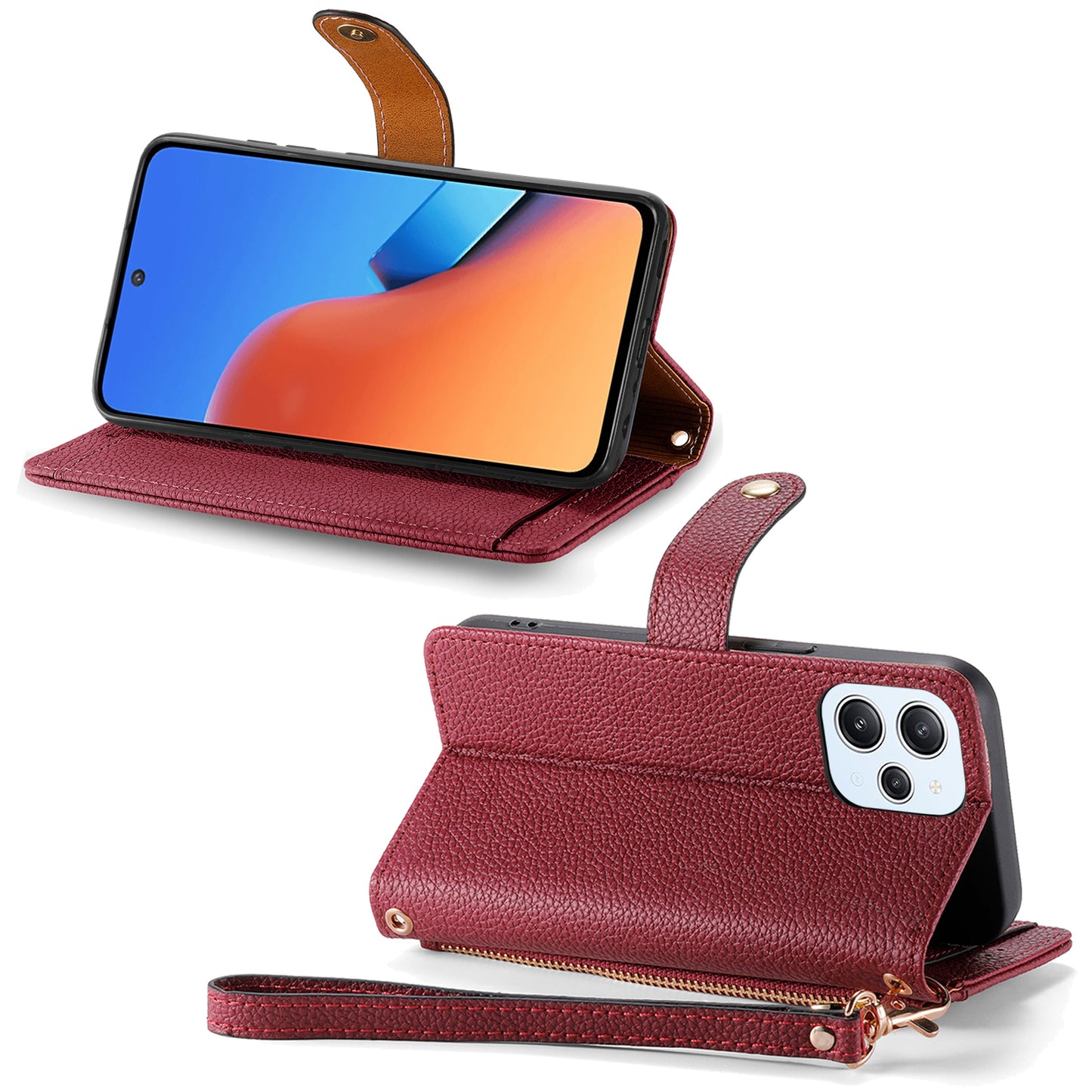 Zipper Pocket Phone Case for Xiaomi Redmi 12 4G , RFID Blocking PU Leather Wallet Stand Cover - Red