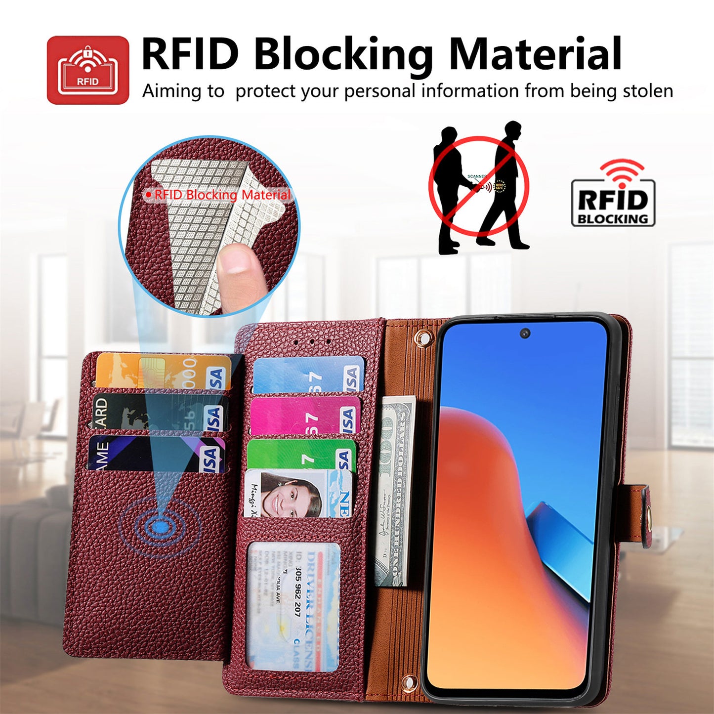 Zipper Pocket Phone Case for Xiaomi Redmi 12 4G , RFID Blocking PU Leather Wallet Stand Cover - Red