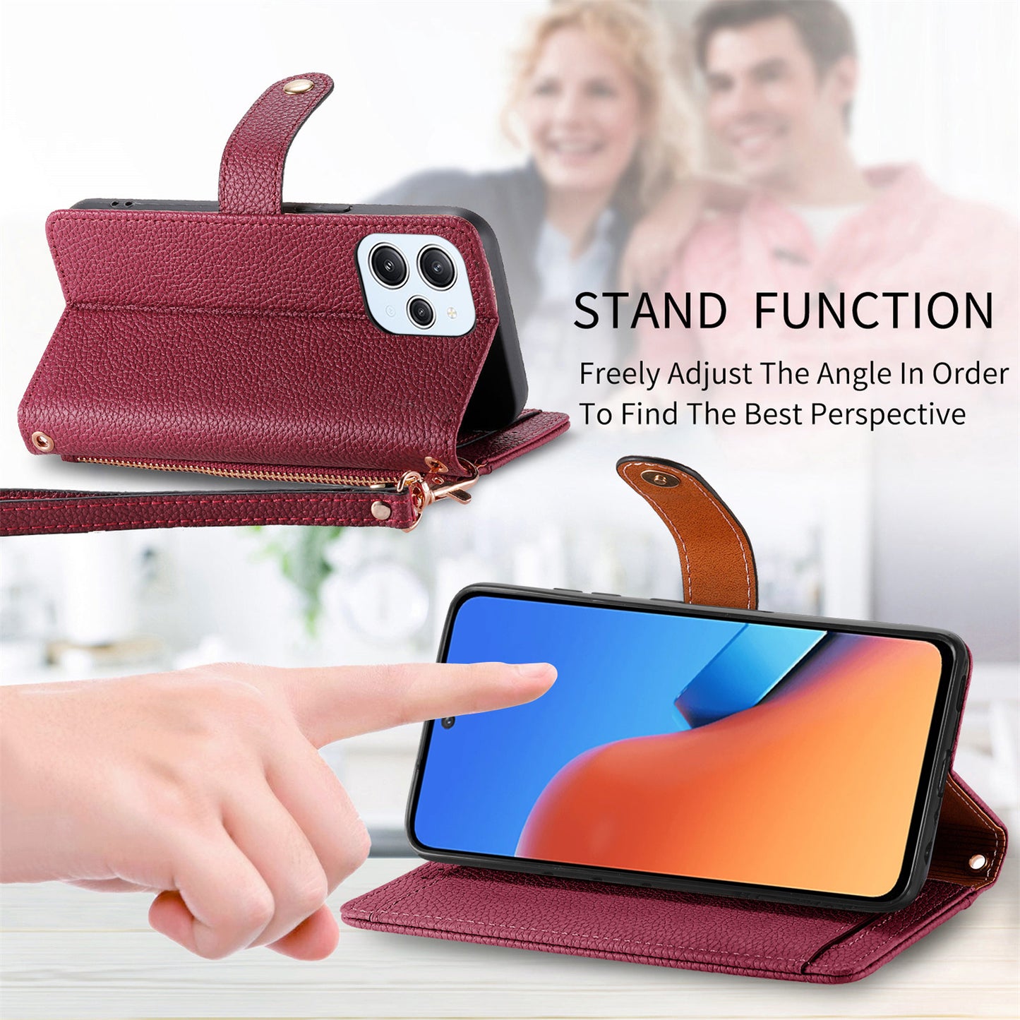 Zipper Pocket Phone Case for Xiaomi Redmi 12 4G , RFID Blocking PU Leather Wallet Stand Cover - Red