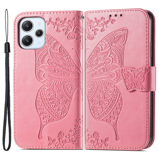 Uniqkart for Xiaomi Redmi 12 4G PU Leather Wallet Case Butterfly Imprinted Phone Cover with Stand - Pink