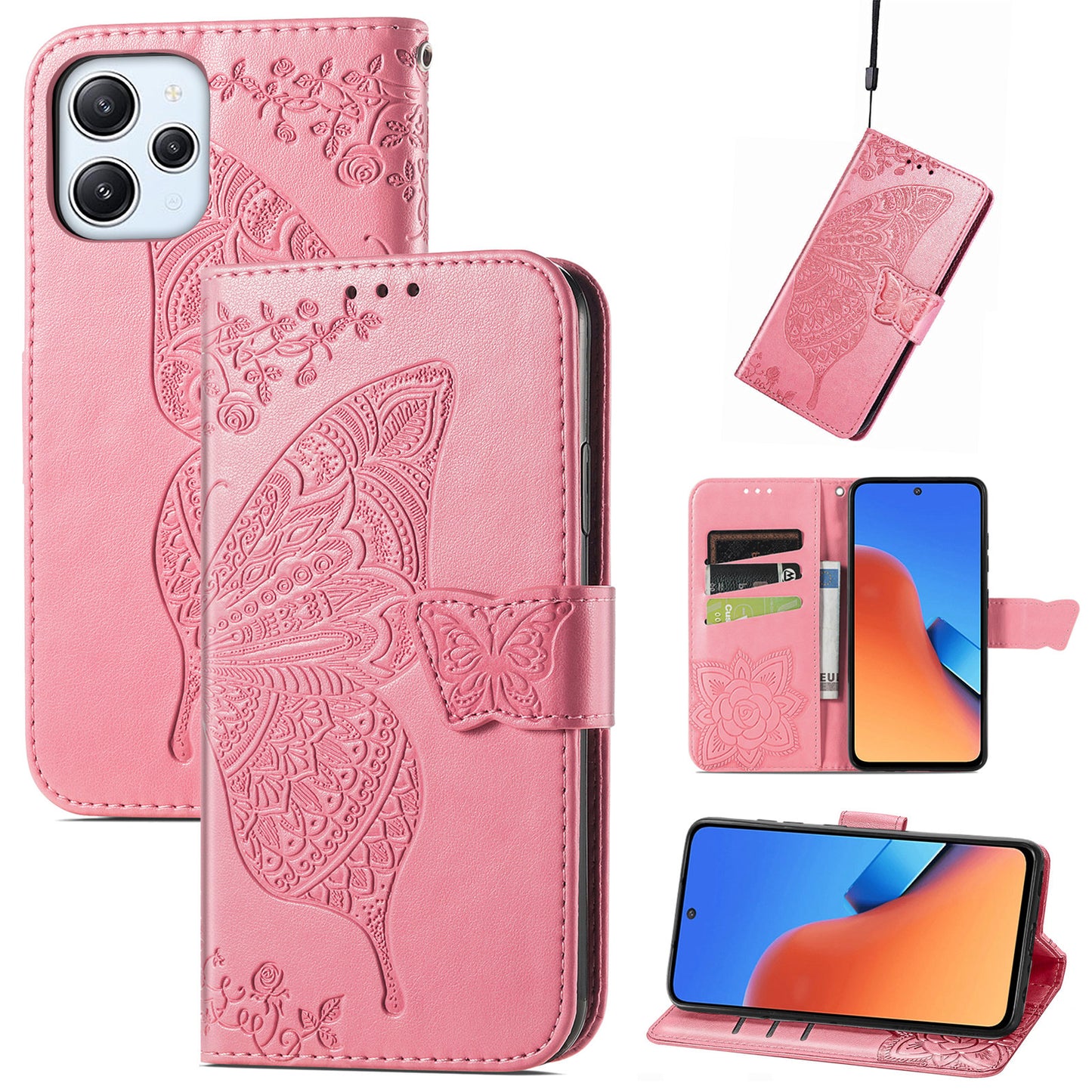 Uniqkart for Xiaomi Redmi 12 4G PU Leather Wallet Case Butterfly Imprinted Phone Cover with Stand - Pink
