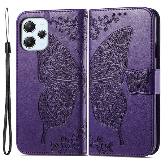 Uniqkart for Xiaomi Redmi 12 4G PU Leather Wallet Case Butterfly Imprinted Phone Cover with Stand - Purple
