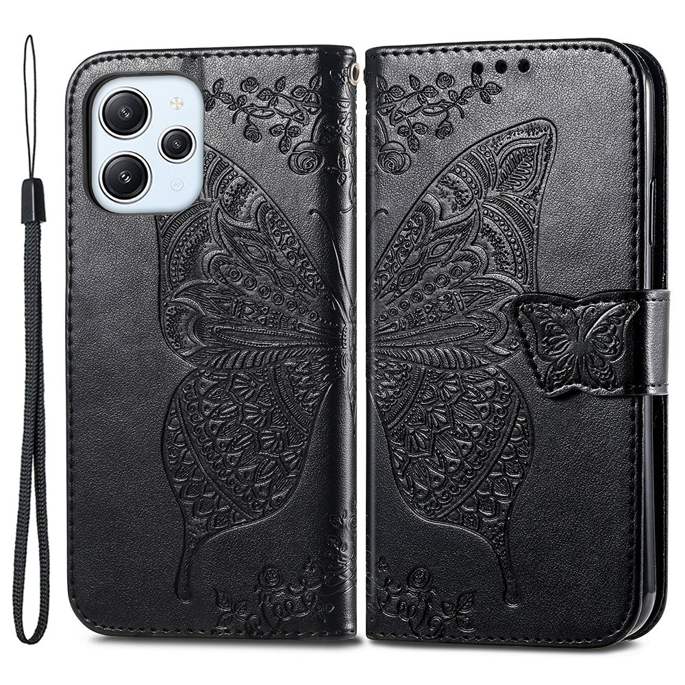 Uniqkart for Xiaomi Redmi 12 4G PU Leather Wallet Case Butterfly Imprinted Phone Cover with Stand - Black