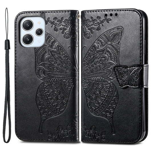 Uniqkart for Xiaomi Redmi 12 4G PU Leather Wallet Case Butterfly Imprinted Phone Cover with Stand - Black