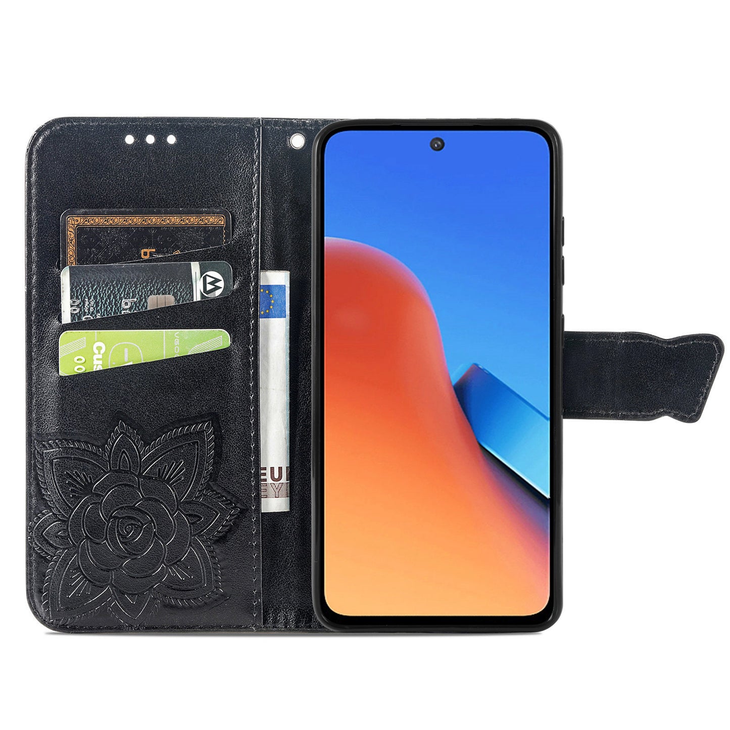 Uniqkart for Xiaomi Redmi 12 4G PU Leather Wallet Case Butterfly Imprinted Phone Cover with Stand - Black
