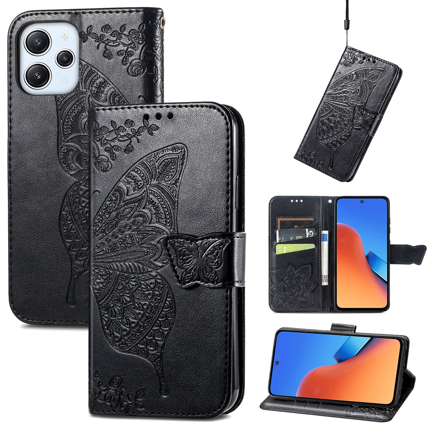 Uniqkart for Xiaomi Redmi 12 4G PU Leather Wallet Case Butterfly Imprinted Phone Cover with Stand - Black