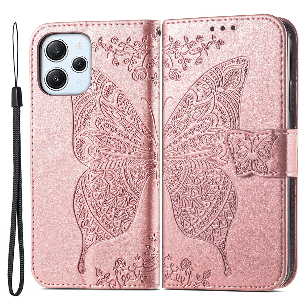 Uniqkart for Xiaomi Redmi 12 4G PU Leather Wallet Case Butterfly Imprinted Phone Cover with Stand - Rose Gold
