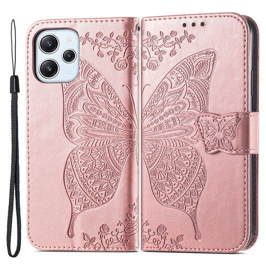 Uniqkart for Xiaomi Redmi 12 4G PU Leather Wallet Case Butterfly Imprinted Phone Cover with Stand - Rose Gold