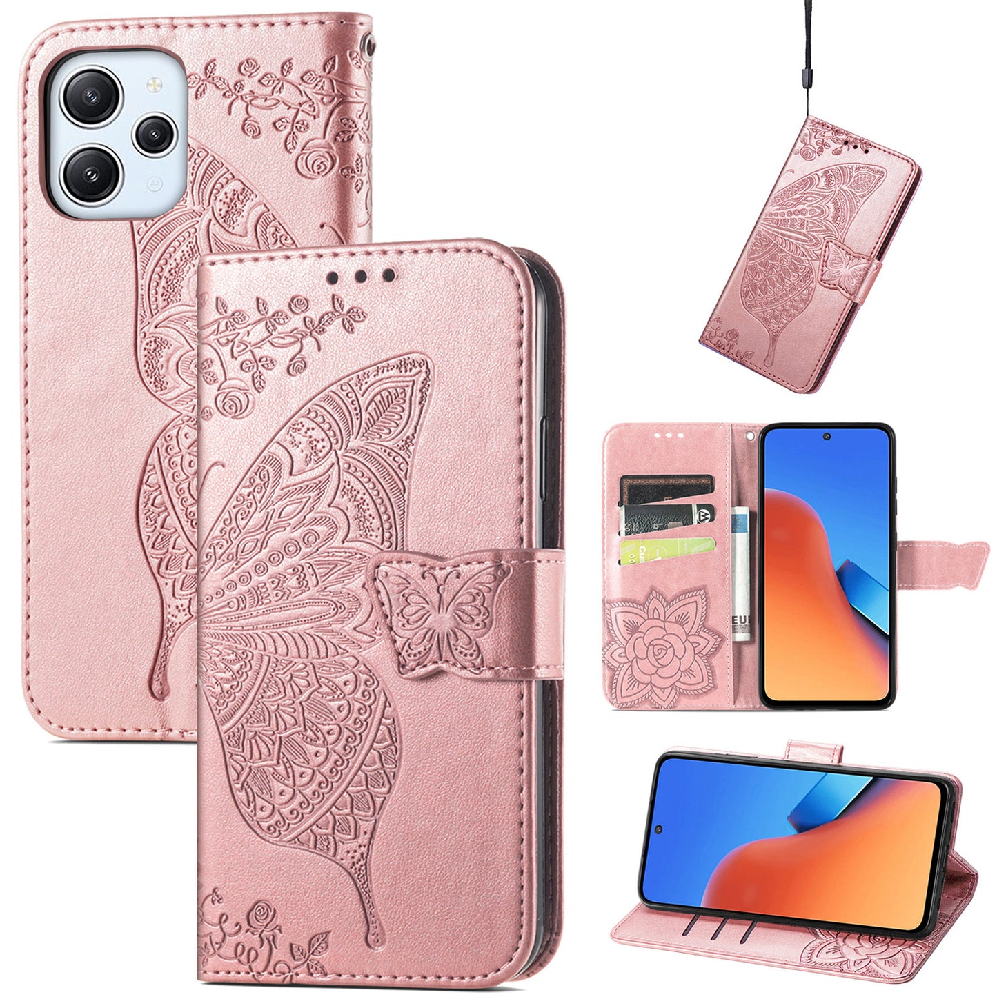 Uniqkart for Xiaomi Redmi 12 4G PU Leather Wallet Case Butterfly Imprinted Phone Cover with Stand - Rose Gold