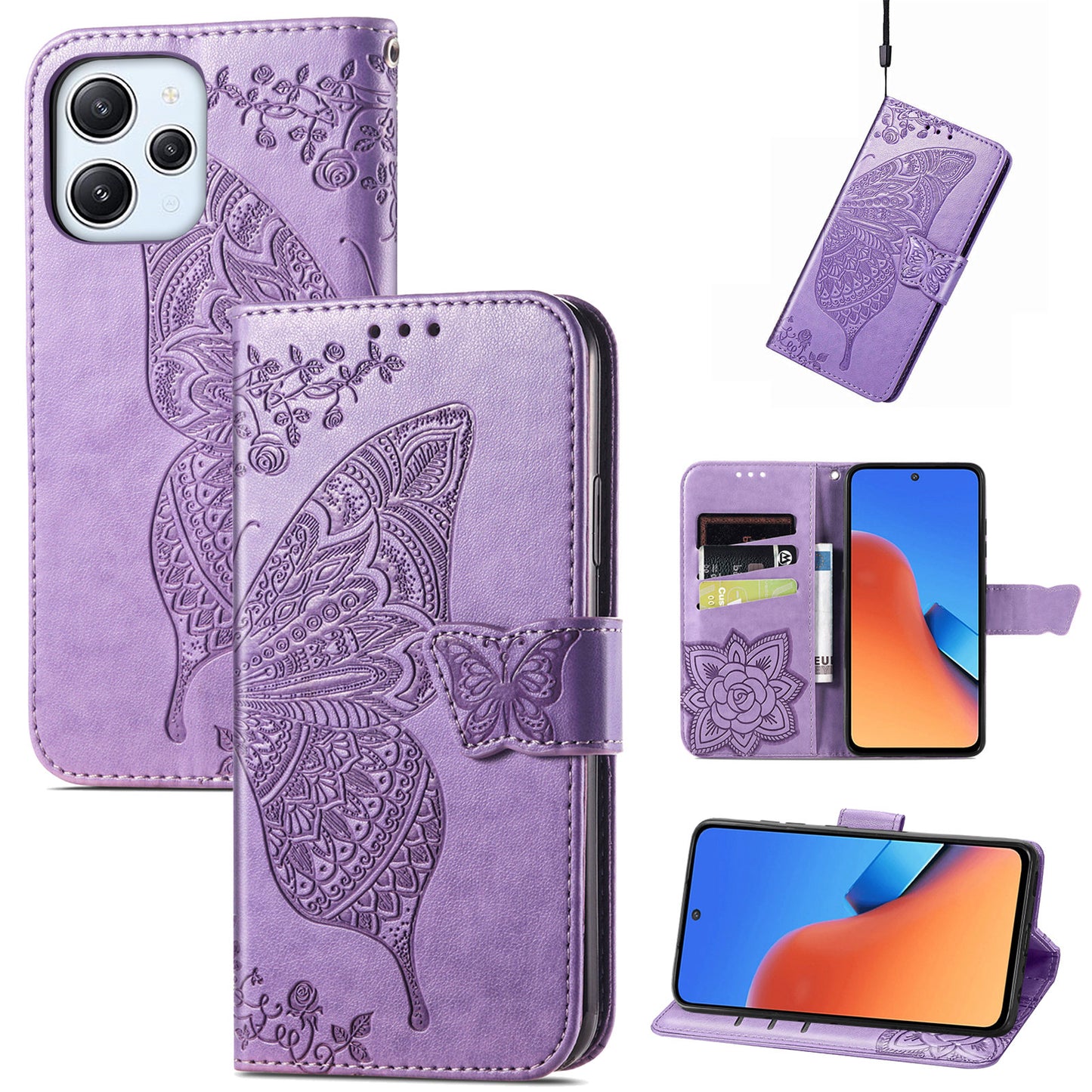Uniqkart for Xiaomi Redmi 12 4G PU Leather Wallet Case Butterfly Imprinted Phone Cover with Stand - Light Purple