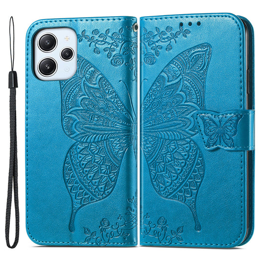 Uniqkart for Xiaomi Redmi 12 4G PU Leather Wallet Case Butterfly Imprinted Phone Cover with Stand - Blue