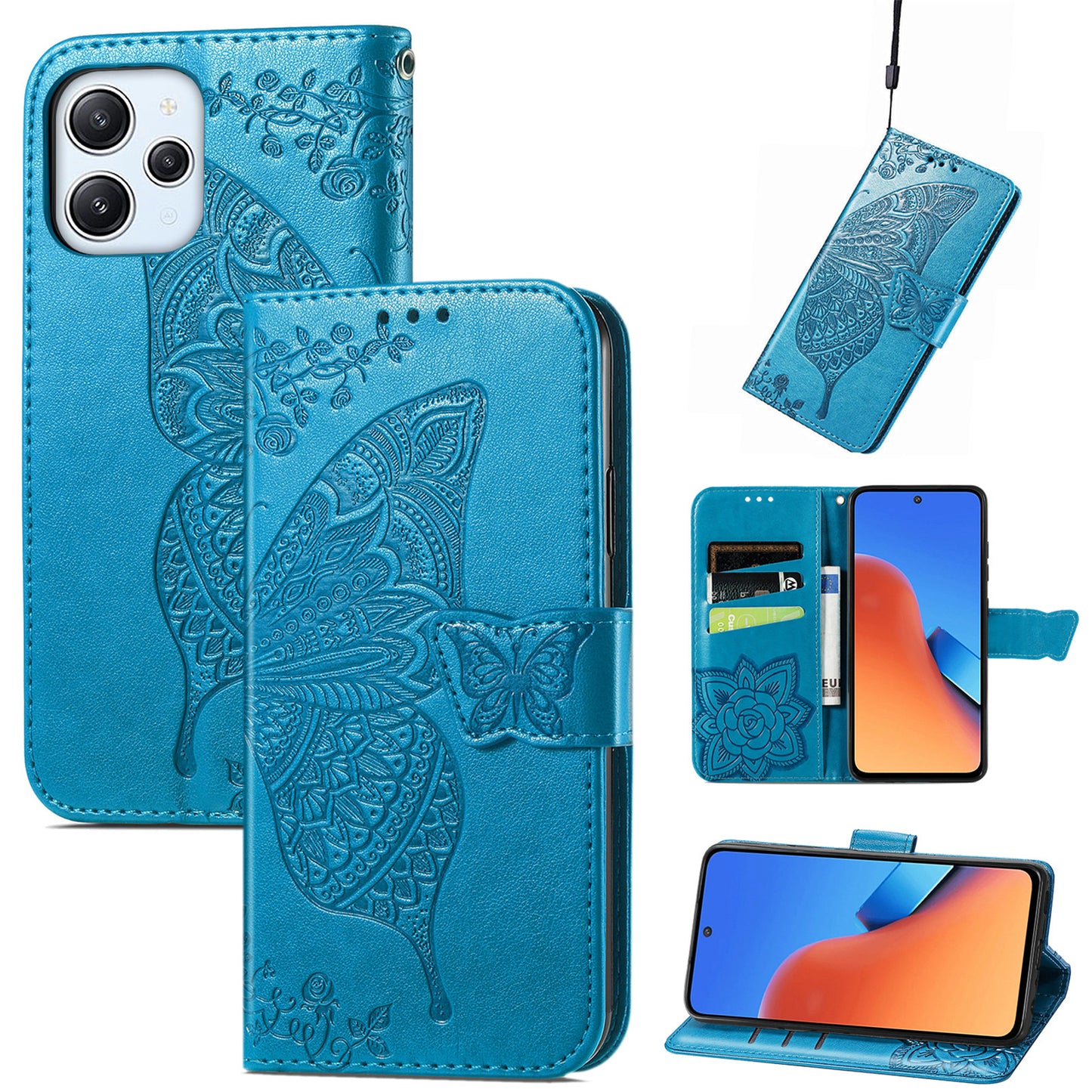 Uniqkart for Xiaomi Redmi 12 4G PU Leather Wallet Case Butterfly Imprinted Phone Cover with Stand - Blue