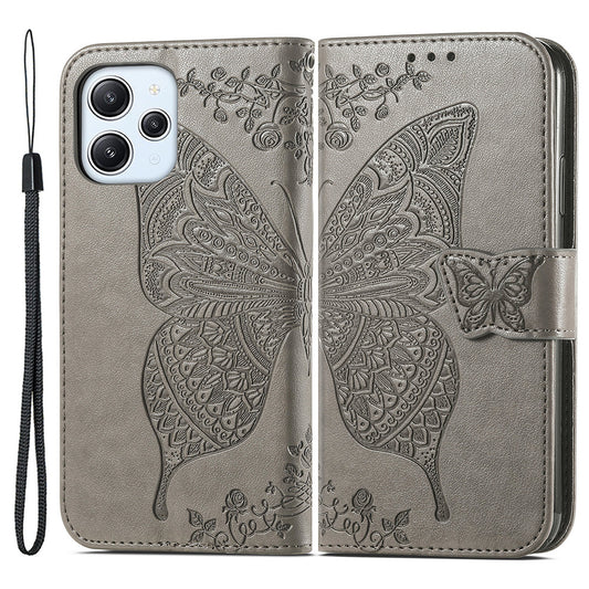 Uniqkart for Xiaomi Redmi 12 4G PU Leather Wallet Case Butterfly Imprinted Phone Cover with Stand - Grey