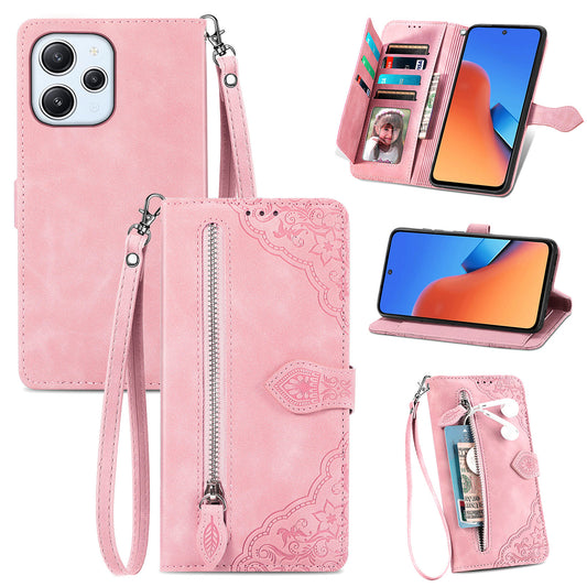 Uniqkart for Xiaomi Redmi 12 4G Zipper Pocket Stand Phone Case PU Leather Wallet Flower Imprinted Cover - Pink